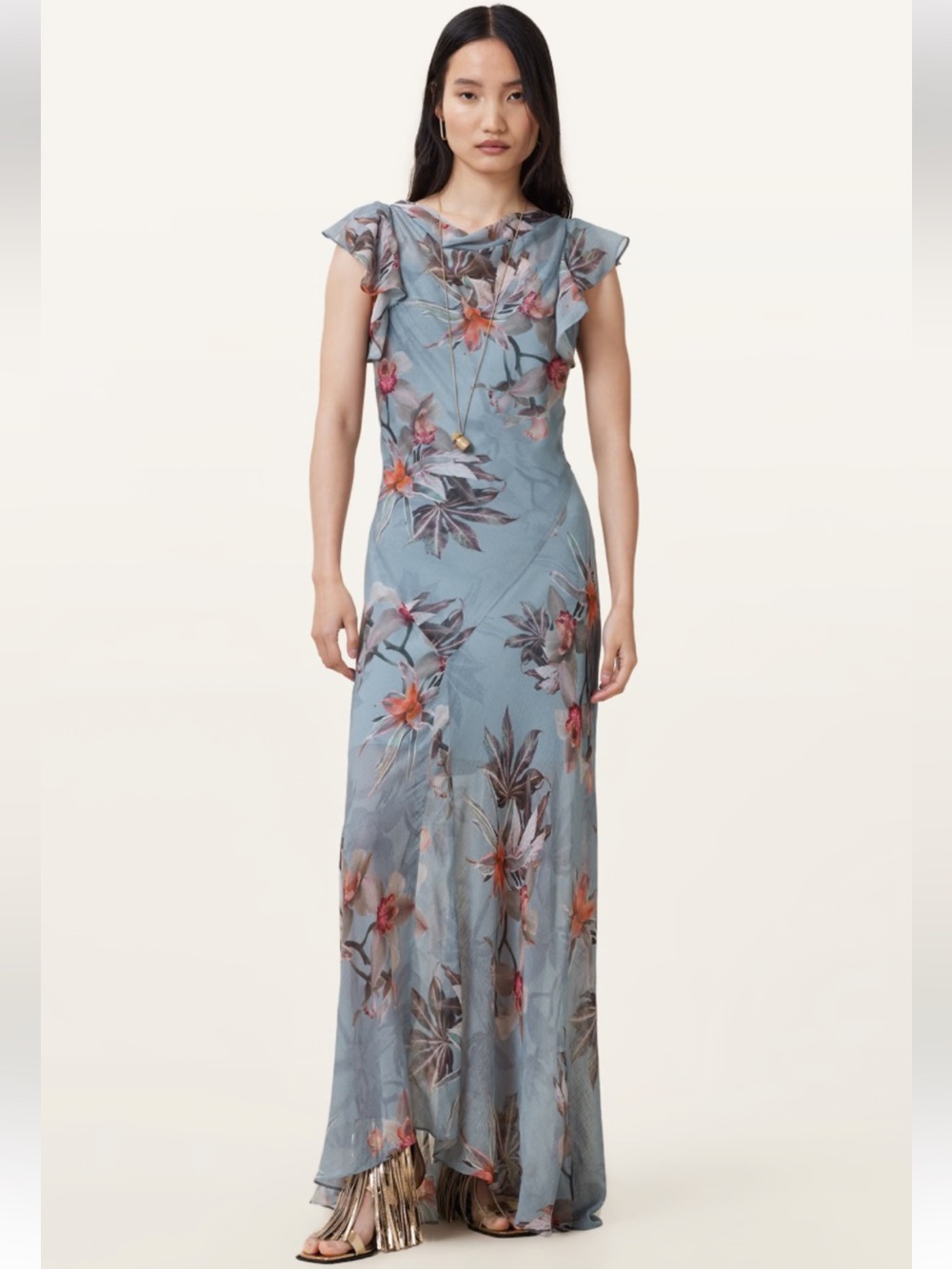 All Saints Dusty Blue Floral Cowl Maxi Dress
